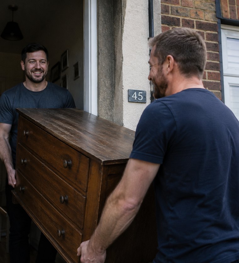 Two clearance workers carrying a chest of drawers out of a house